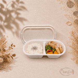 57號二分格植纖餐盒850cc,可放輕食.沙拉.吐司.健康餐.義大利麵.排餐類等等,可分解回收環保材質,500入/箱