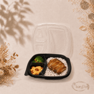 D83塑膠外帶黑餐盒,底部可微波,高級外帶塑膠盒,塑膠增高盒,PP三格高盒,200入/箱