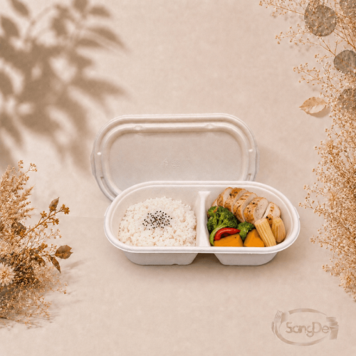 57號二分格植纖餐盒850cc,可放輕食.沙拉.吐司.健康餐.義大利麵.排餐類等等,可分解回收環保材質,500入/箱
