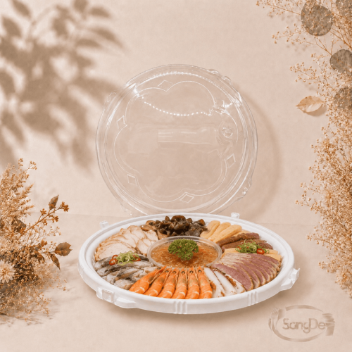 瑞立扣圓形年菜盤,常用於各式年菜拼盤盛裝.生魚片總匯.中式大型菜盤等等,年菜送禮大眾喜愛選擇容器,100入/箱